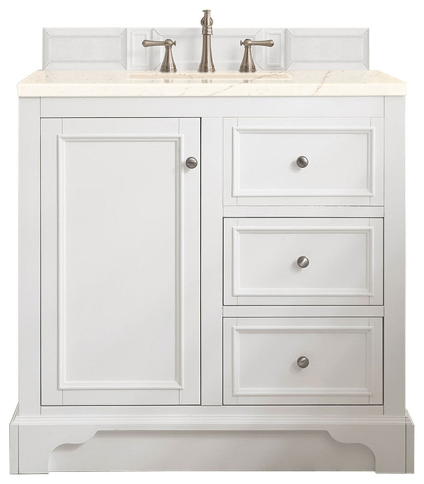 De Soto 36" Single Vanity, Bright White, 3CM Eternal Marfil Quartz Top