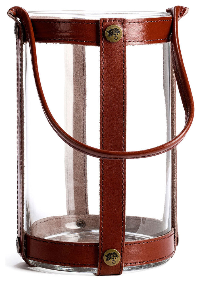 Marstrand Candle Lantern, Dark Brown Leather, Clear Glass