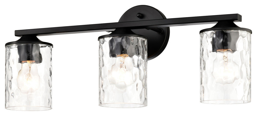 3-Light 21 in. Matte Black Vanity Light With Hammered Clear Glass Shades