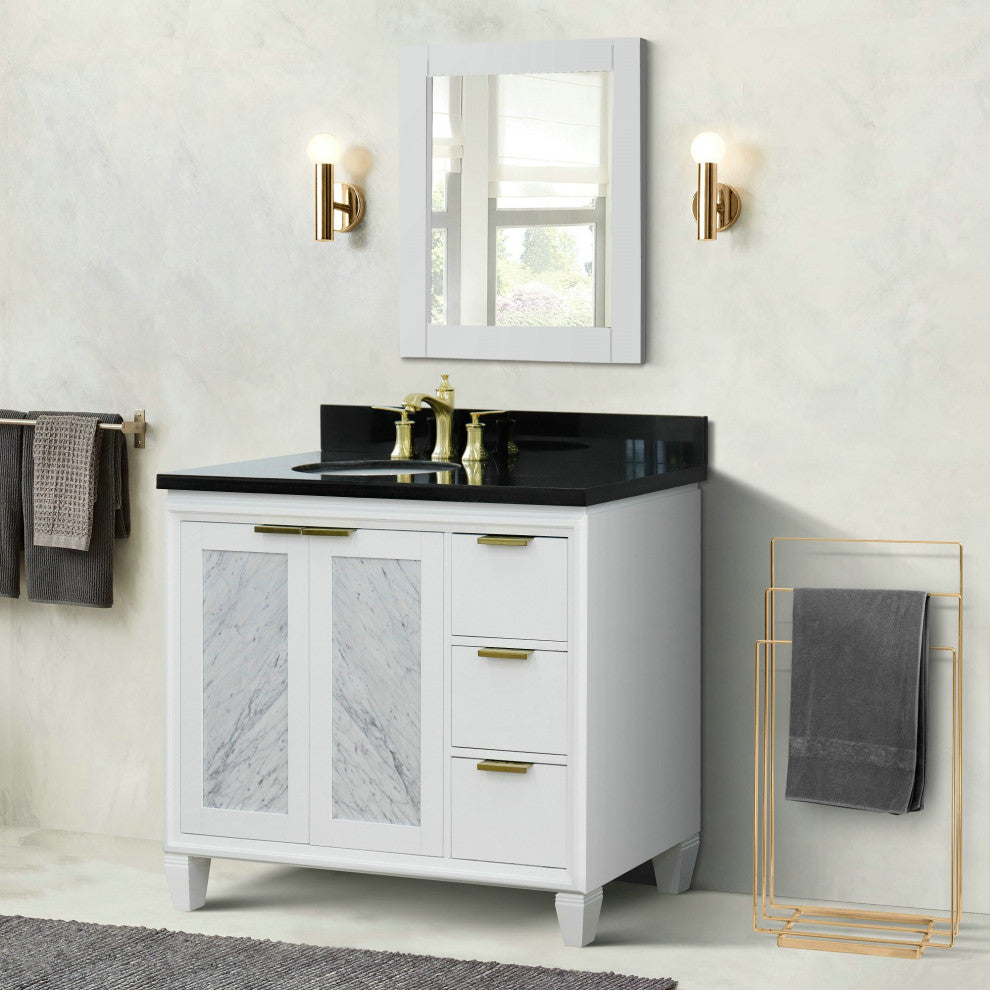 43" Single Vanity, White Finish With Black Galaxy
