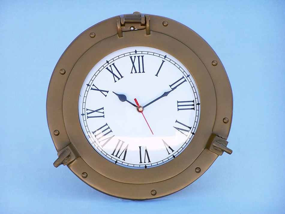 Decorative Ship Porthole Clock, Antique Brass, 12"