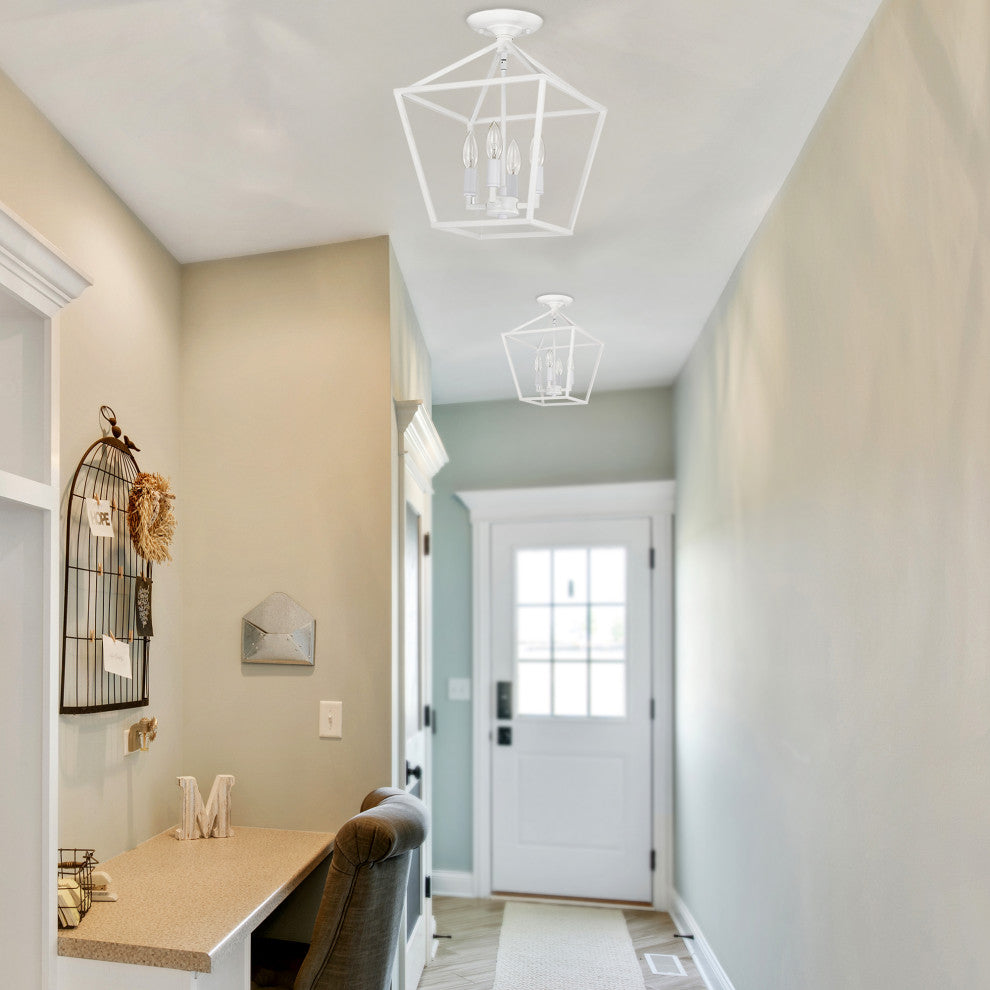 12 in. 4-Light Farmhouse White Semi- Flush Mount Ceiling Light With Caged Shade