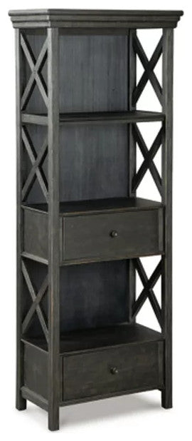 Farmhouse Bookcase, 2 Drawers & Open Shelves With X-Shaped Sides, Black/Gray