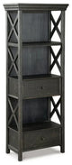 Farmhouse Bookcase, 2 Drawers & Open Shelves With X-Shaped Sides, Black/Gray