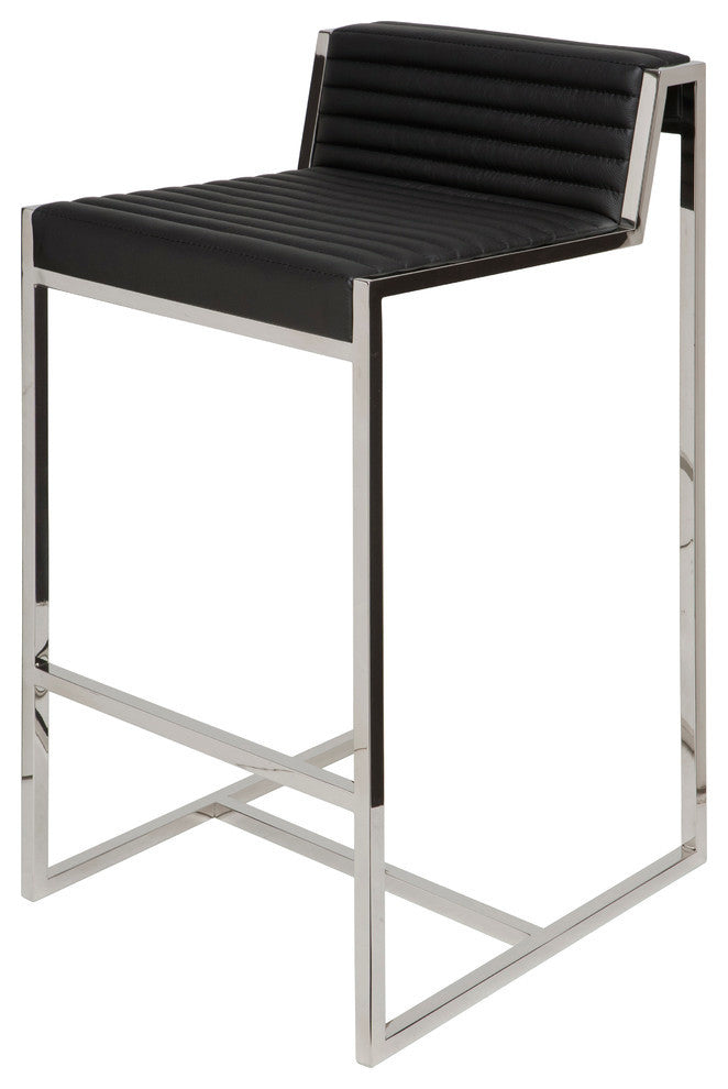 Zola Leather Bar Stool with Polished Stainless Steel Frame, Black Leather