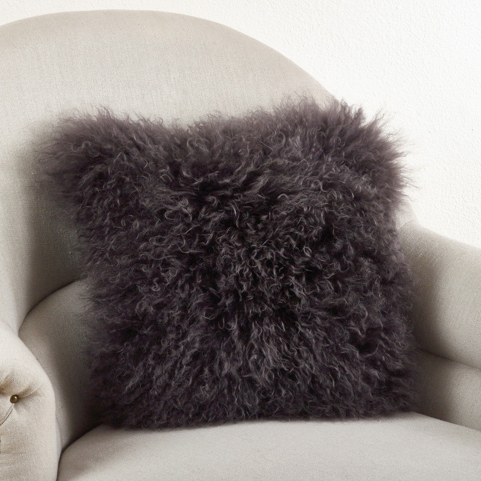 Mongolian Lamb Fur Poly Filled Throw Pillow, Gray, 20"x20"