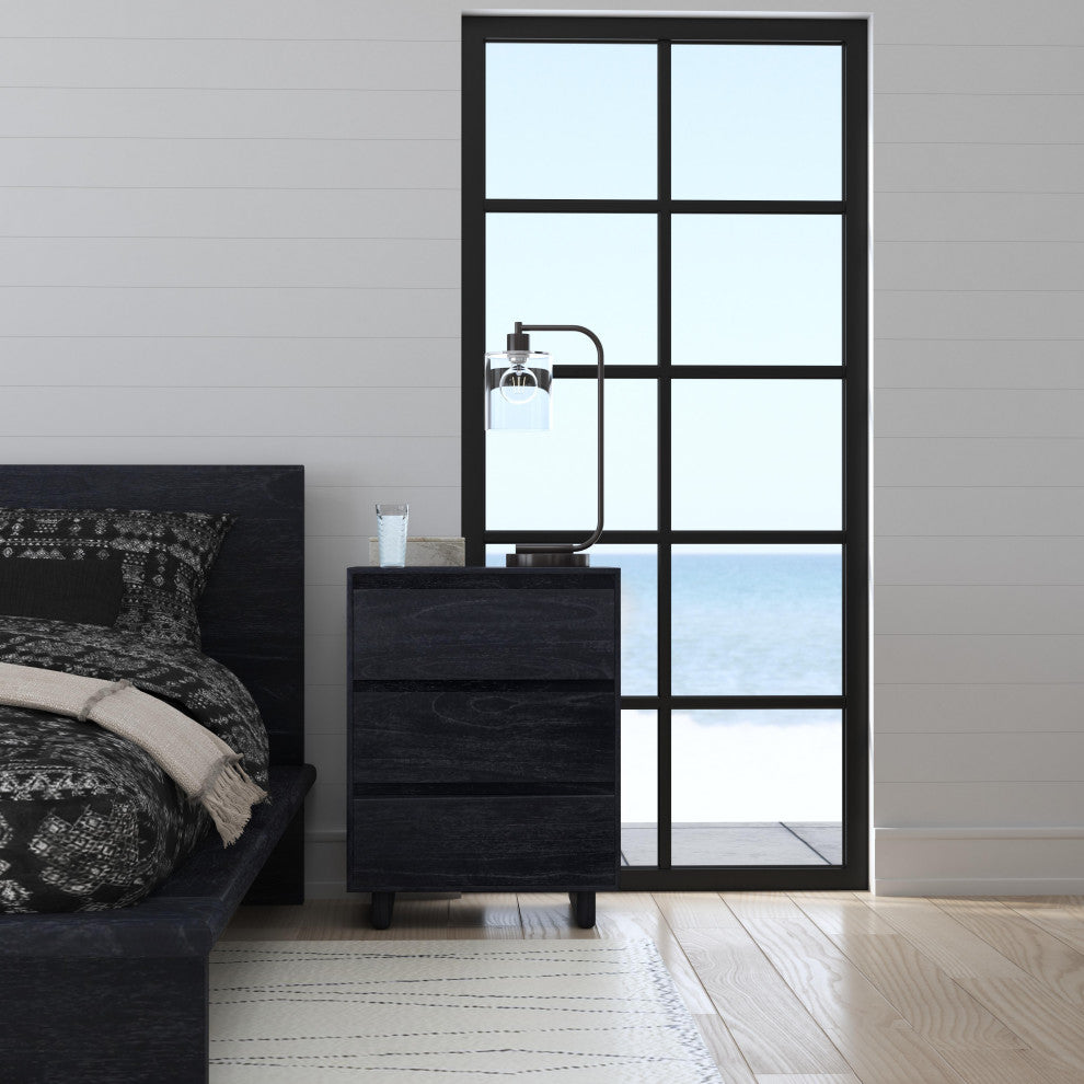 Halmstad Wood Panel 3 Drawer Narrow Nightstand, Washed Black