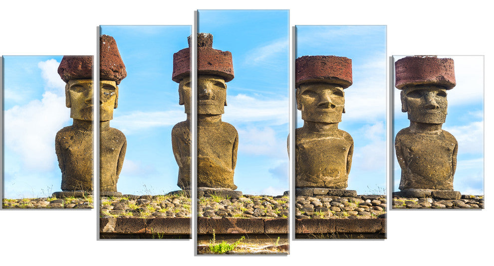 "Moai With Red Topknot Hat" Portrait Canvas Photo Print, 5 Panels, 60"x32"