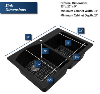 Karran Drop-In Quartz 33" 1-Hole 60/40 Double Bowl Sink Kit, Black
