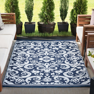Carrero Transitional Scroll Navy/White Rectangle Indoor/Outdoor Area Rug, 9'x12'