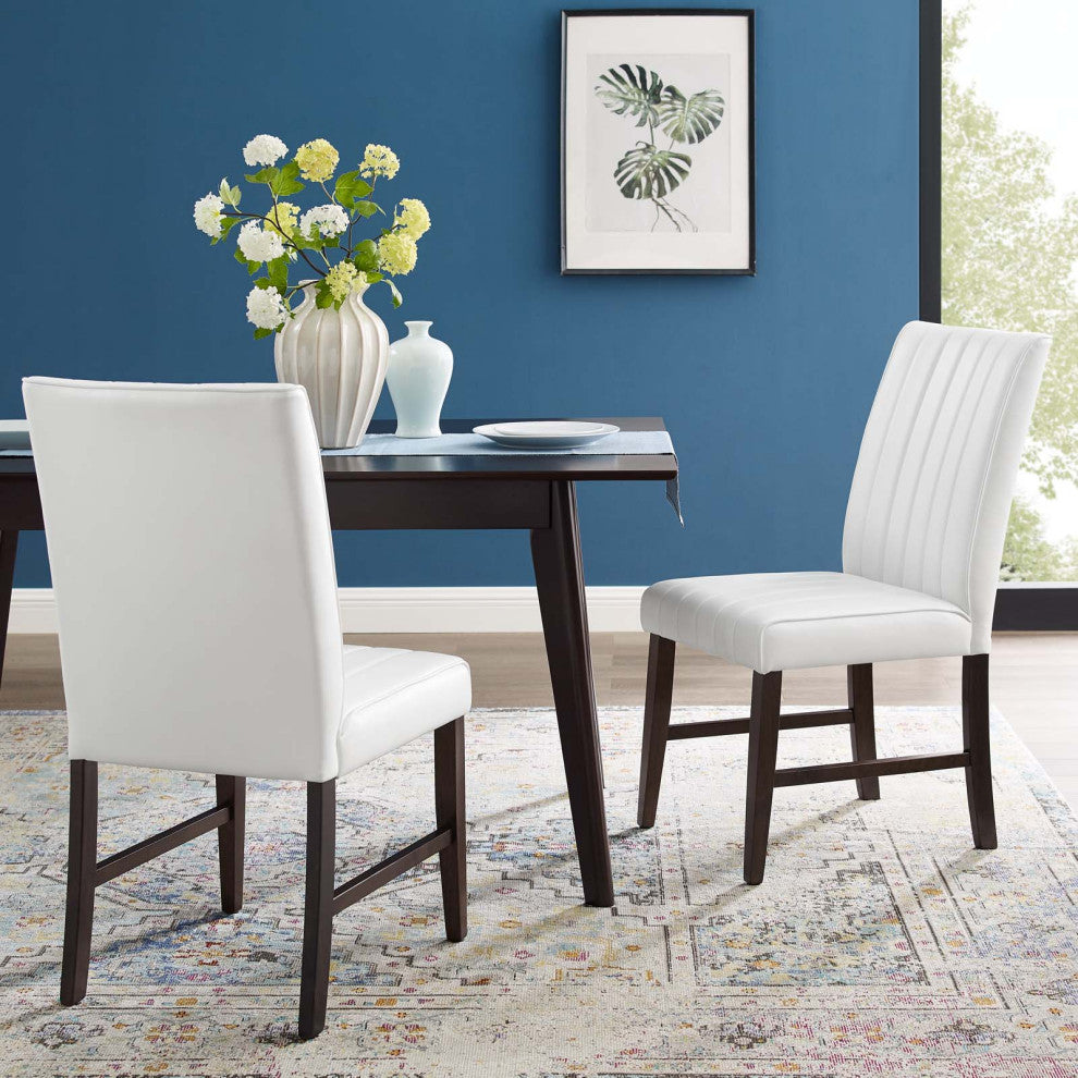Tufted Side Dining Chair, Set of 2, Faux Leather, Wood, White, Modern, Bistro