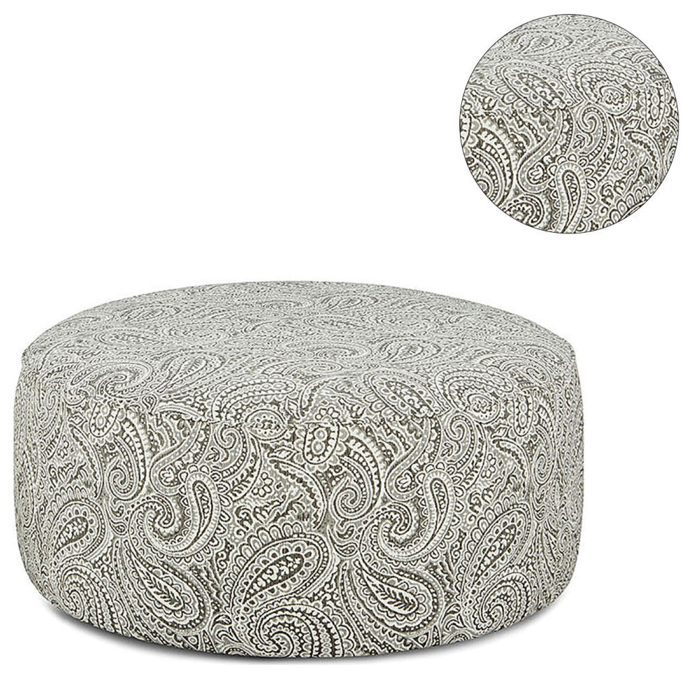 Chenille Upholstered Round Ottoman, Paisley Multi