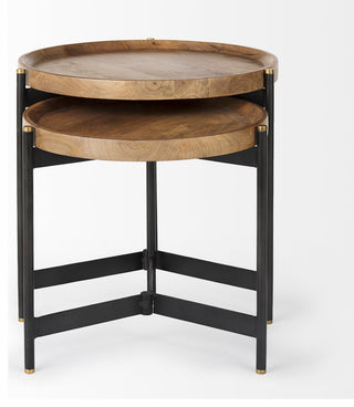 Marquisa Medium Brown Solid Wood w/ Black Metal Base Round Nesting Side Tables