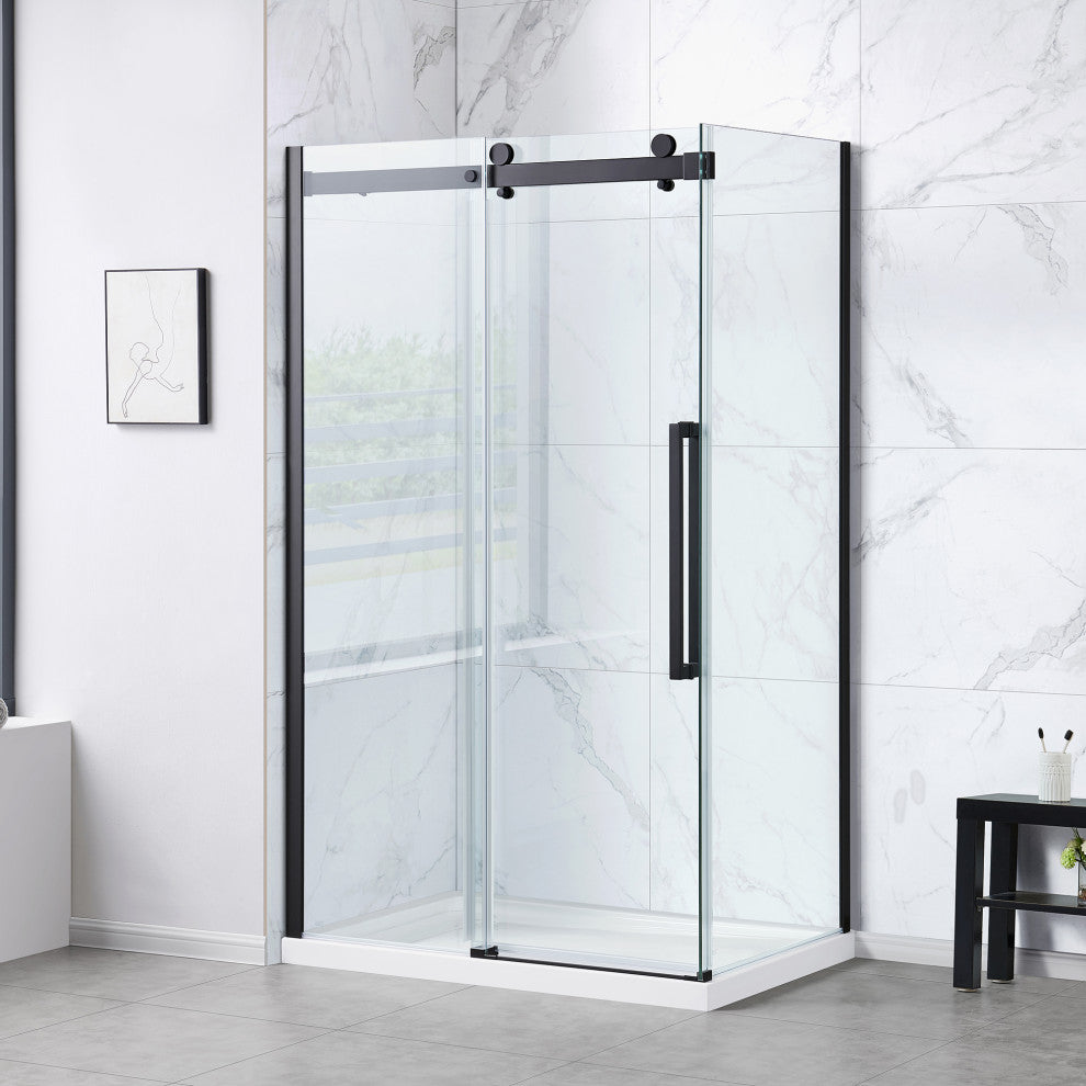 Bel Soft-Close Matte Black 48" Frameless Sliding Soft Close Shower Door