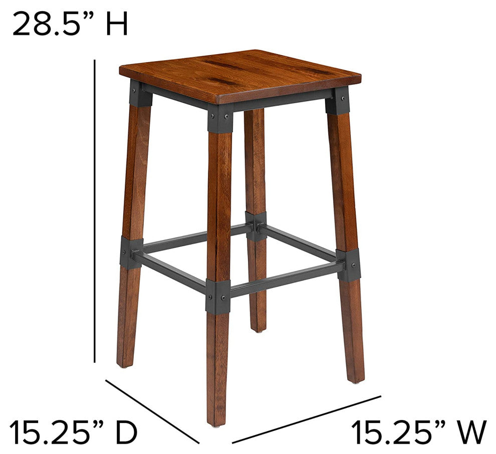 Set of 4 Industrial Bar Stool, Backless Design With Wooden Seat, Antique Walnut