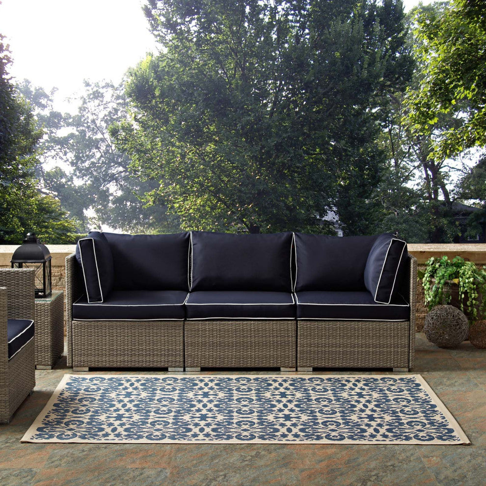 Ariana Vintage Floral Trellis 9x12 Indoor and Outdoor Area Rug, Blue and Beige