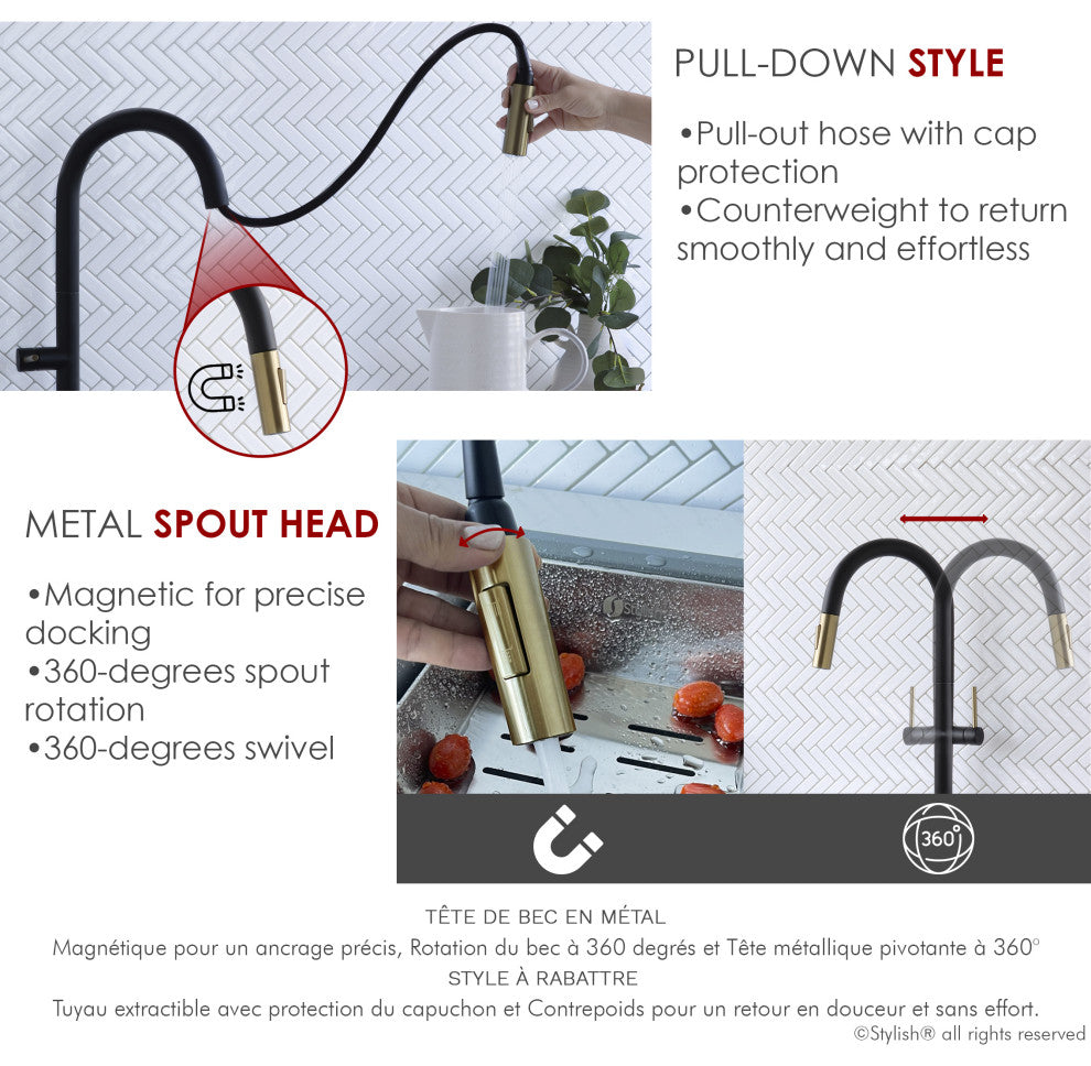 STYLISH Single Handle Pull Down Kitchen Faucet Dual Mode in Black-Brushed Gold