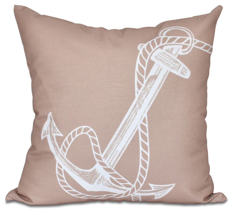 Anchored, Geometric Print Outdoor Pillow, Taupe And Beige, 18"x18"