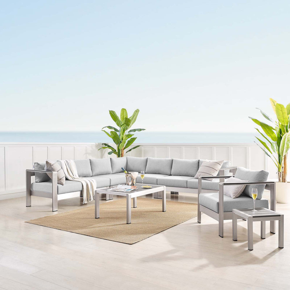 Sectional Sofa Chair Table Set, Sunbrella, Aluminum, Silver Gray, Outdoor