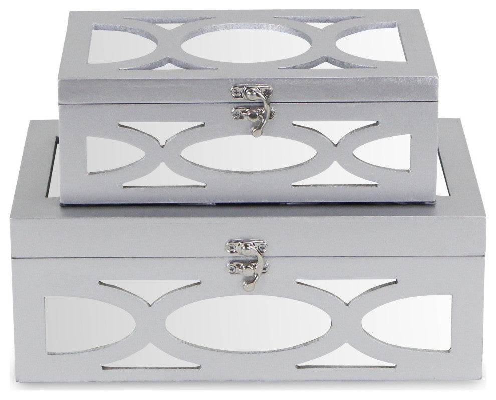 Set of Two Silver Oval Scroll Mirror Jewelry Storage Boxes