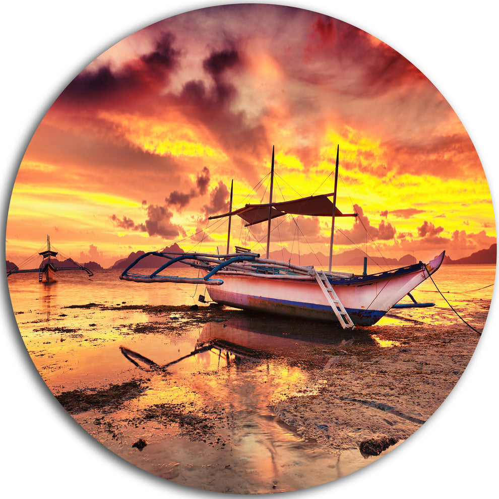 Beautiful Boat Under Yellow Sky, Seashore Disc Metal Artwork, 38"