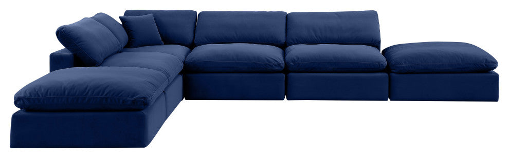 Comfy Upholstered L-Shaped Modular Sectional, Navy, 6-Piece: 3 Armless Chair, 1 Corner Chair, 2 Ottoman, Velvet