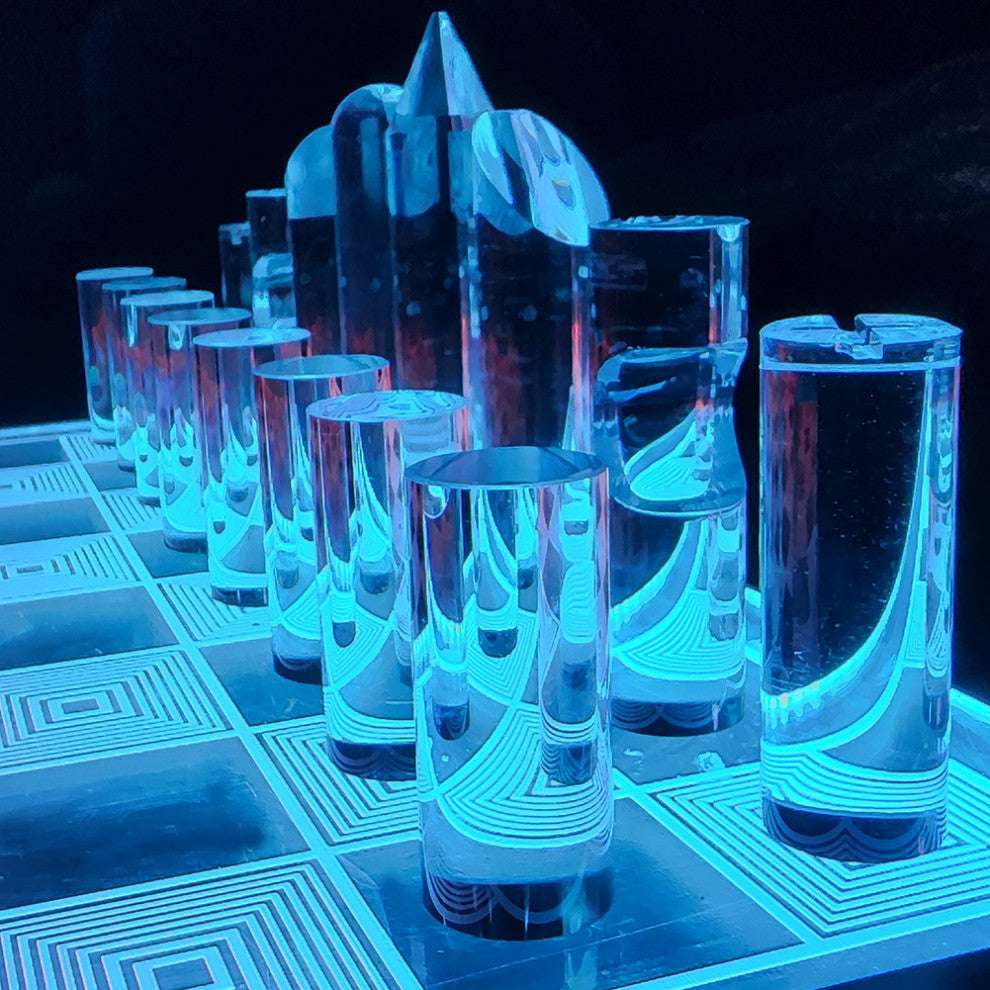 OnDisplay 3D Luxe Acrylic Fire & Ice LED Light Glowing Chess Set - Luxury Laser