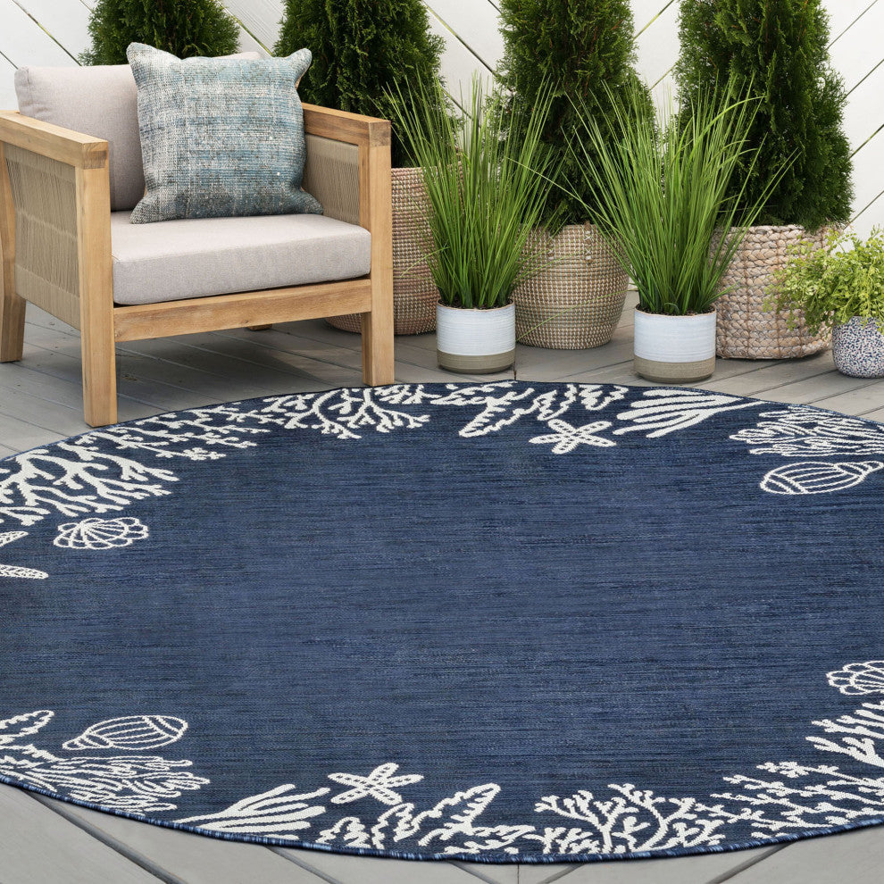 Biscayne Novelty Coastal Navy/Cream Round Indoor/Outdoor Area Rug, 8'