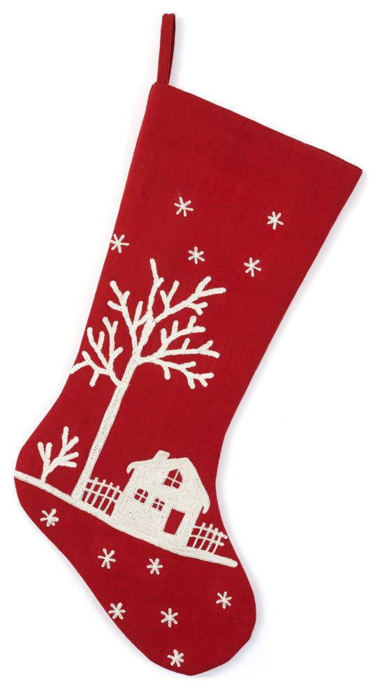 Handmade Red Snowy Village Scene Christmas Stocking with White Embroidery