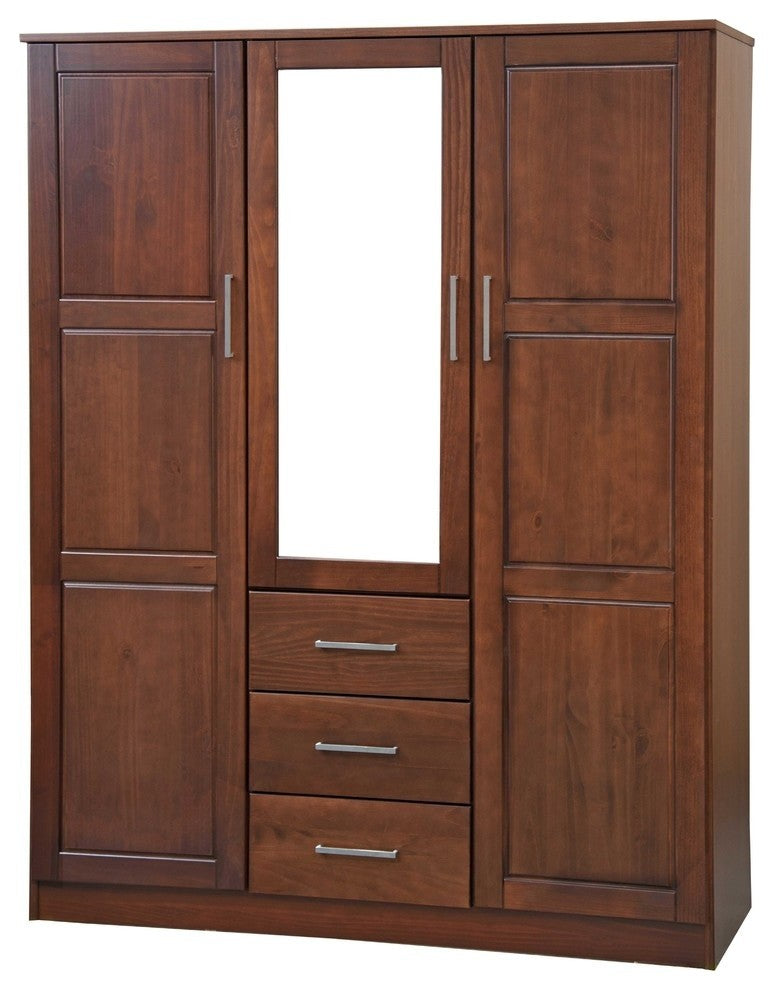 100% Solid Wood Cosmo 3-Door Wardrobe/Armoire, 2 Shelves, Mocha