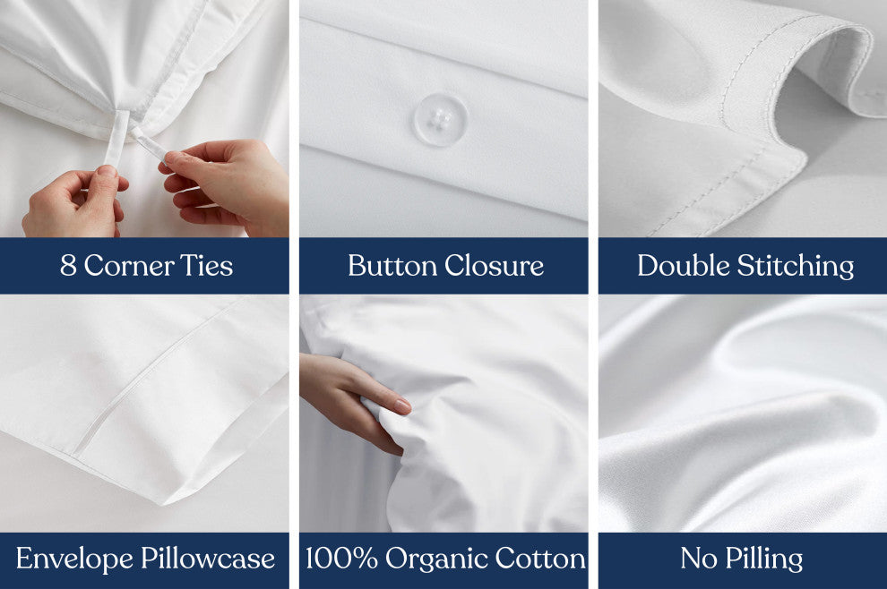Delara 100% Eucalyptus Lyocell Tencel Duvet Cover Set, White, Queen, 88"x92"