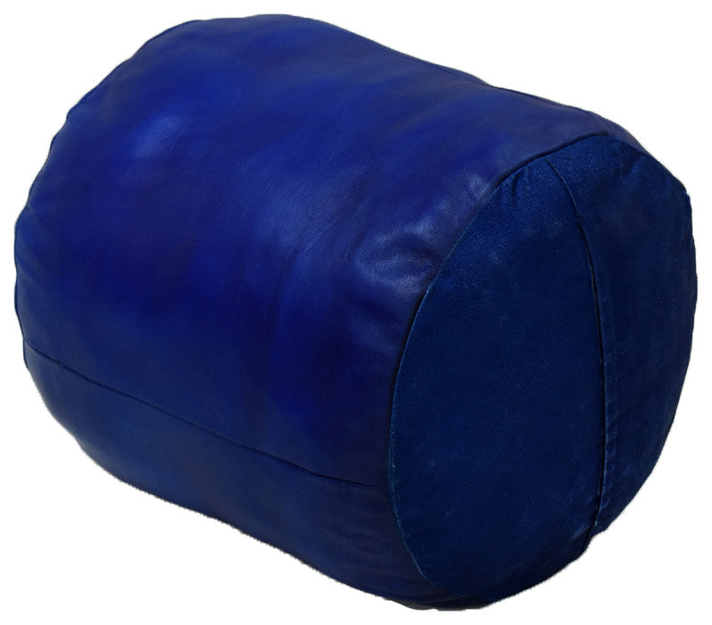 Pouf-Solid Handmade Leather Pouf (Recycled Foam with Fiber Fill), Blue, [Round)16x16x16