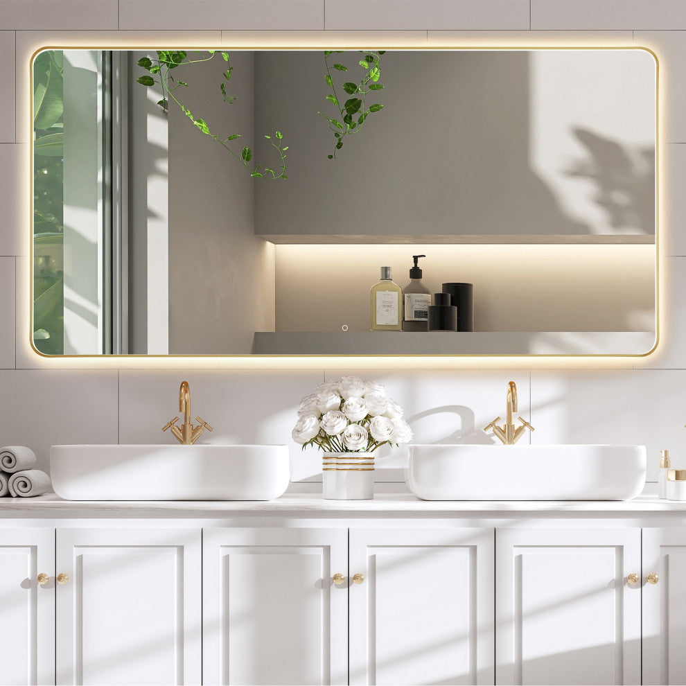 Dazzle Rectangular Bathroom/Vanity LED Lighted Wall Mirror, Brushed Gold, 84"