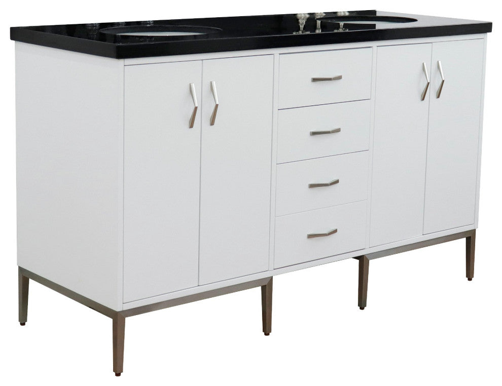 61" Double Sink Vanity, White Finish With Black Galaxy Granite And Oval Sink