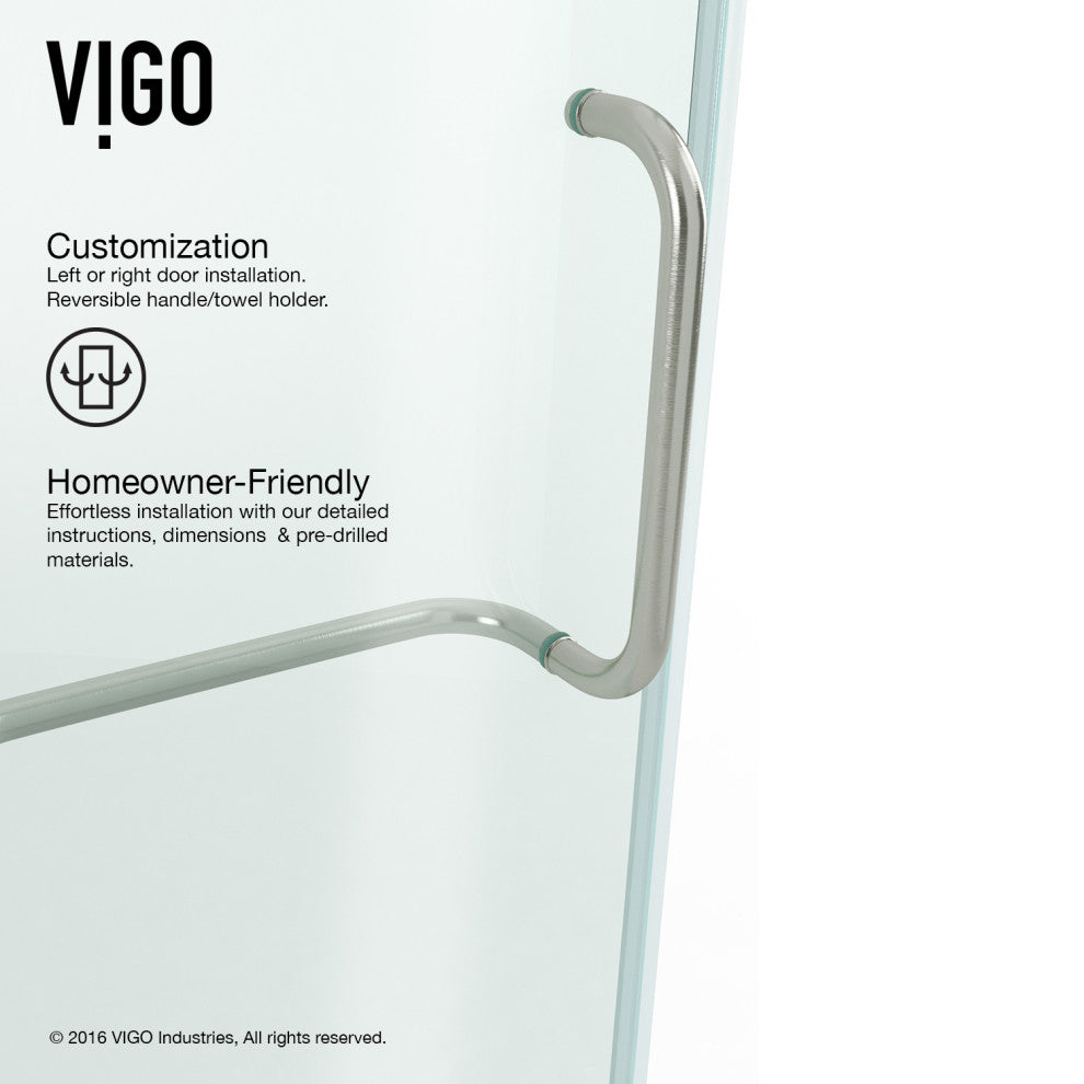 VIGO Pirouette 54" to 60" W x 72" H Frameless Pivot Shower Door, Brushed Nickel, Clear Glass
