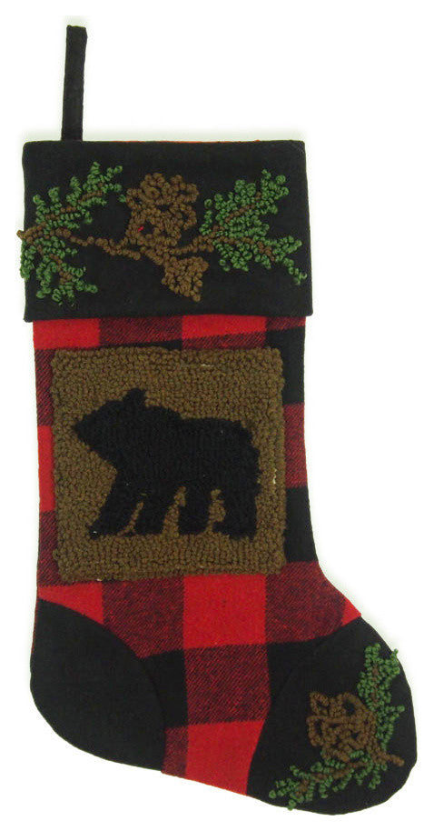 Plaid Christmas Stocking With Rug Hooked Bear
