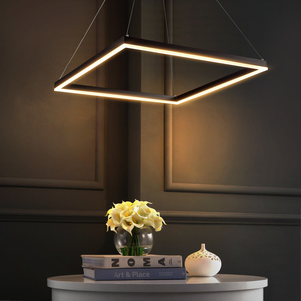 Nero Square Modern Metal LED Pendant Light, Black, Width: 23.63