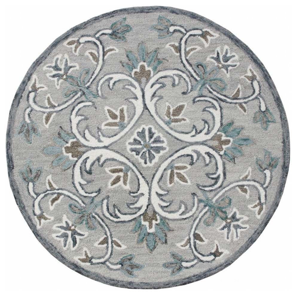 4" Round Gray and White Filigree Area Rug
