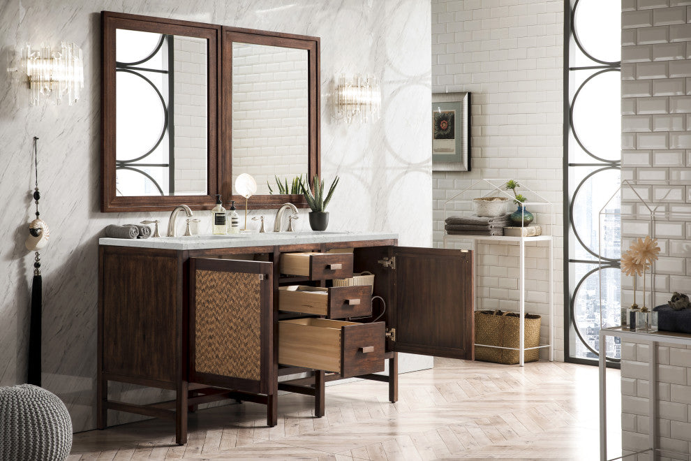 Addison 60" Double Vanity Cabinet, Mid Century Acacia, Eternal Jasmine Pearl, Three-Hole