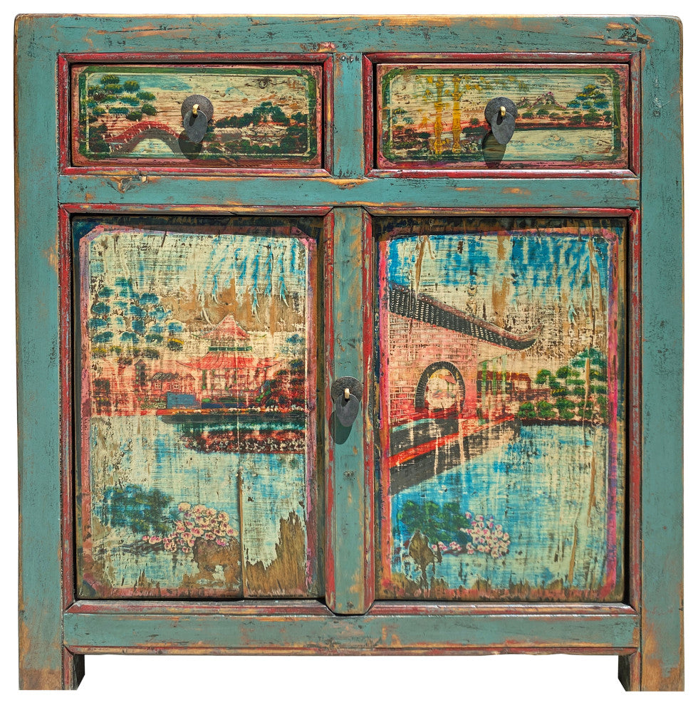 Chinese Distressed Turquoise Blue Old Graphic Credenza Cabinet Hcs7312