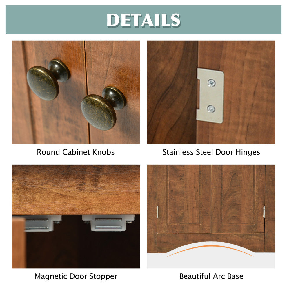 32" Wood 2-door Bath Corner Cabinet, Adjustable Shelves, Brown