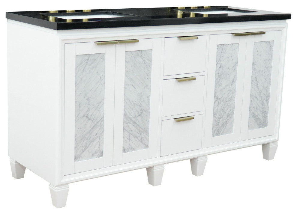61" Double Sink Vanity, White Finish With Black Galaxy Granite