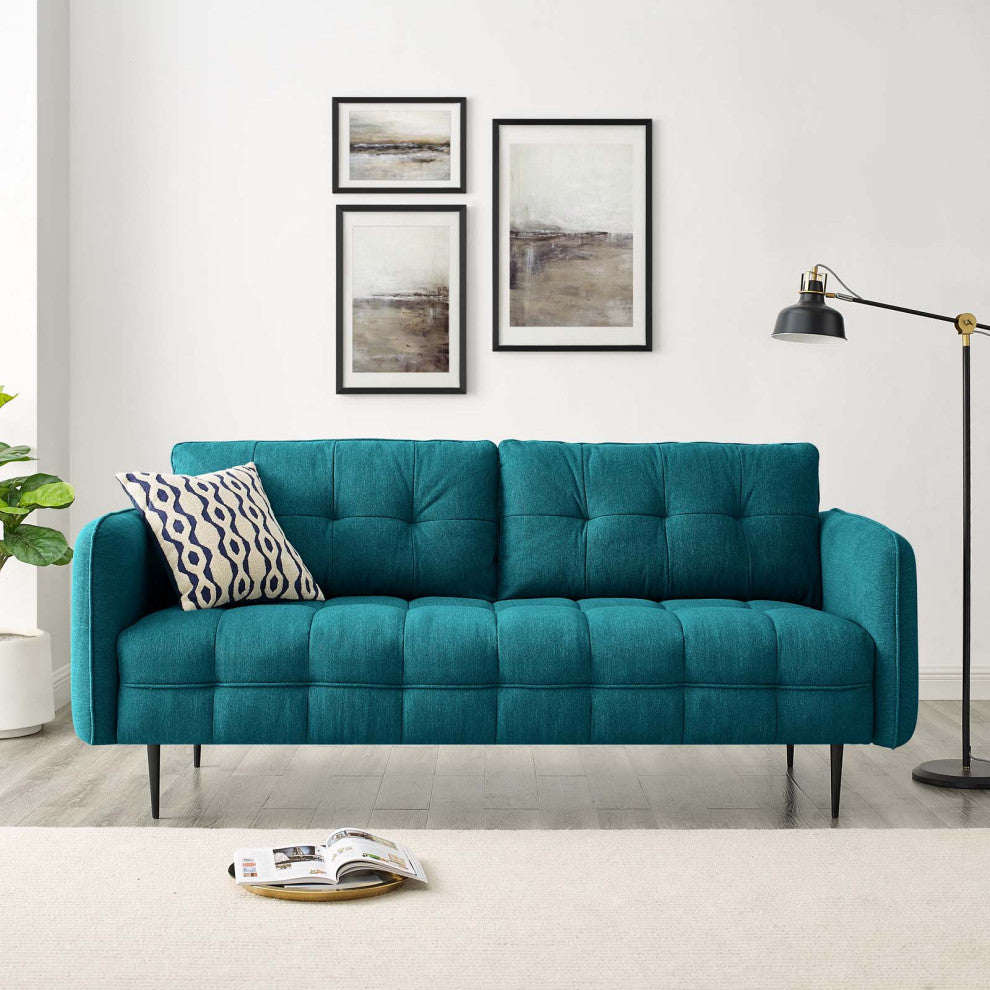 Tufted Sofa, Fabric, Teal Blue, Modern, Living Lounge Hotel Lobby Hospitality
