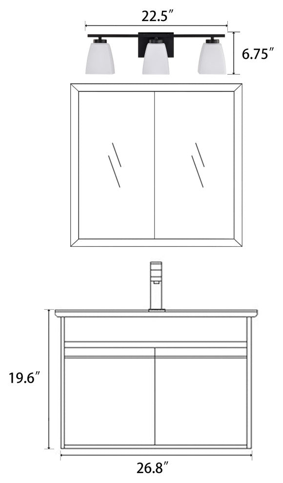 22 in. 3-Light Matte Black Vanity Light With Square Etched White Glass Shades