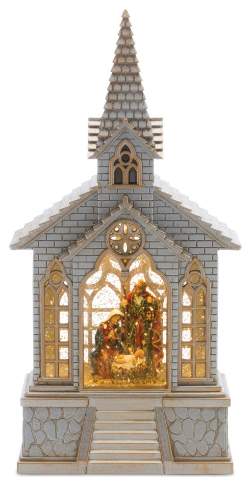 LED Snow Globe Church With Nativity 8.25"H