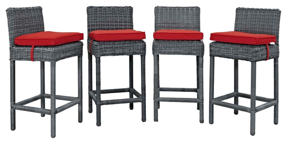 Modern Outdoor Bar Pub Stool Chair Set, Set of 4, Sunbrella Rattan, Red