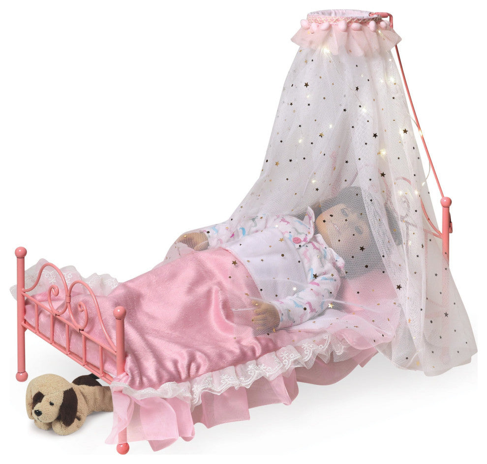 Starlights Led Canopy Metal Doll Bed With Bedding, Pink