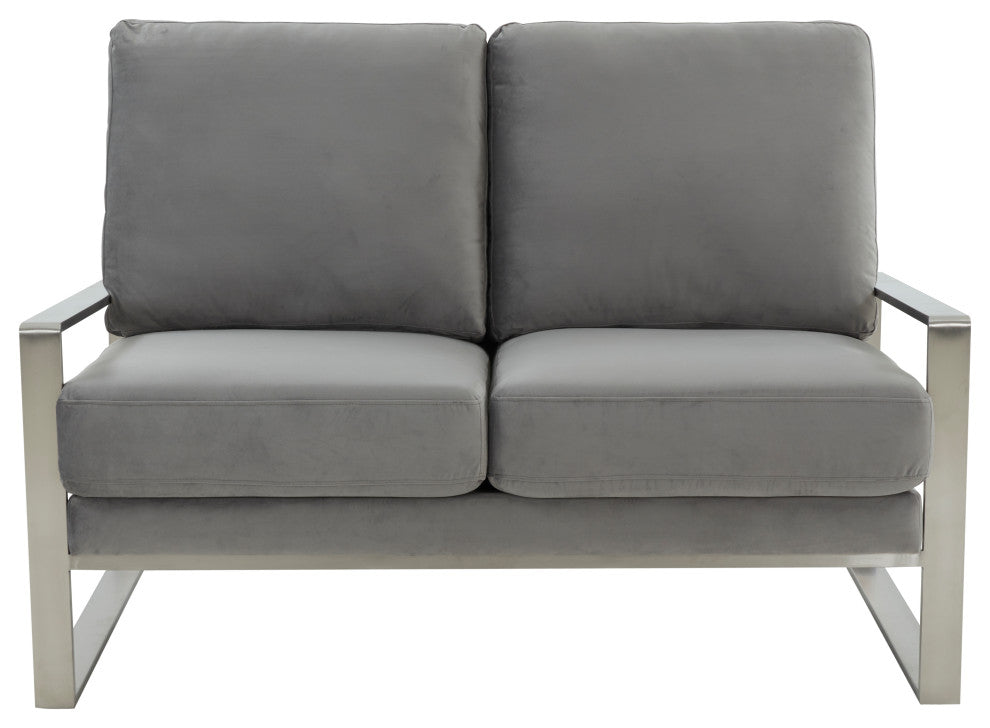 LeisureMod Jefferson Modern Design Velvet Loveseat With Silver Frame, Light Gray