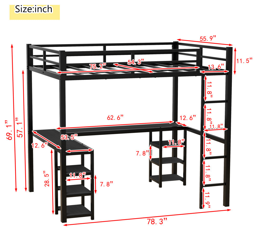 Gewnee Full Metal Loft Bed with Desk and Shelves