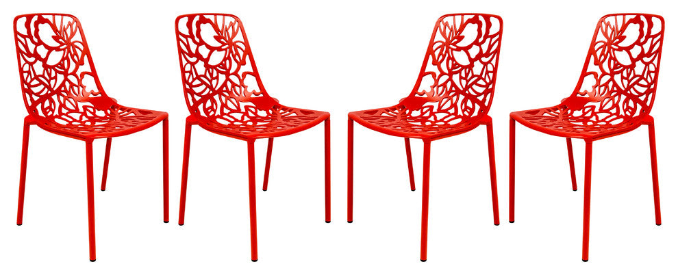 LeisureMod Devon Modern Outdoor Stackable Aluminum Dining Chair, Set of 4, Red